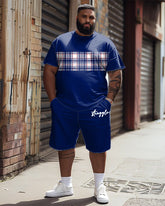 Men's Plus Size Casual Simple Plaid Patchwork Letter Printed T-shirt Shorts Suit